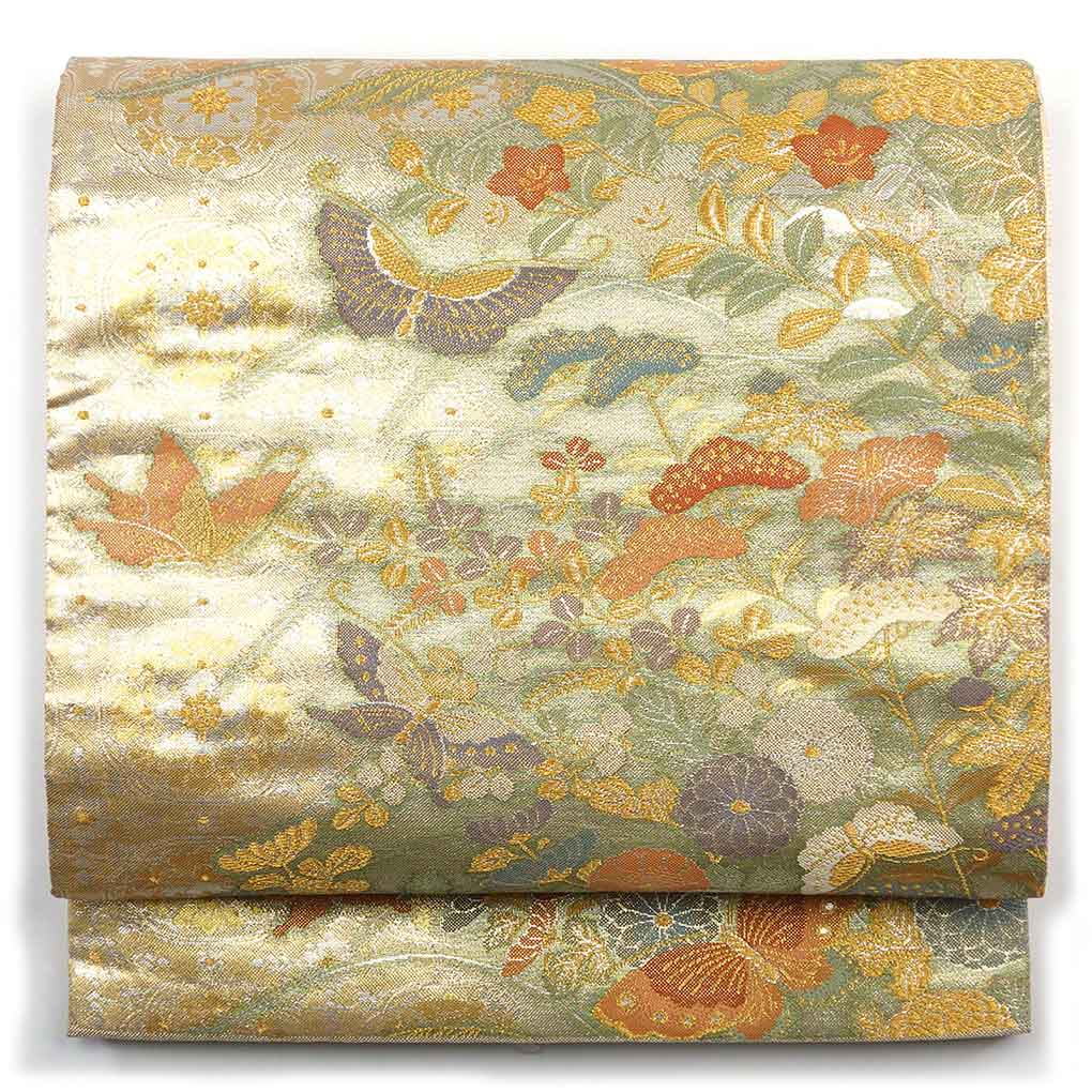 袋帯 リサイクル帯 幅30.5cm 長さ424cm レディース 花柄 秋冬春用 正絹（シルク）ゴールド 美品 リメイク リユース【ランクA】