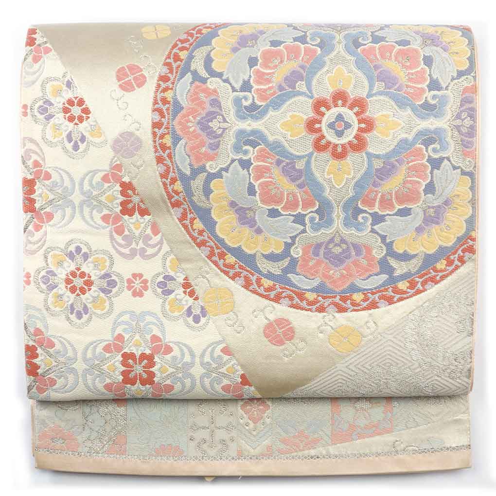 袋帯 リサイクル帯 幅31cm 長さ435cm レディース 花柄 秋冬春用 正絹（シルク）シルバー やや難 リメイク リユース【ランクB】