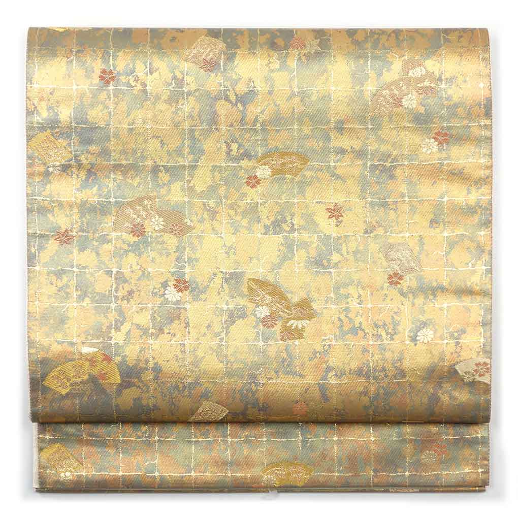 袋帯 リサイクル帯 幅31cm 長さ432cm レディース 扇面 秋冬春用 正絹（シルク）ゴールド 未使用品 リメイク リユース【ランクS】