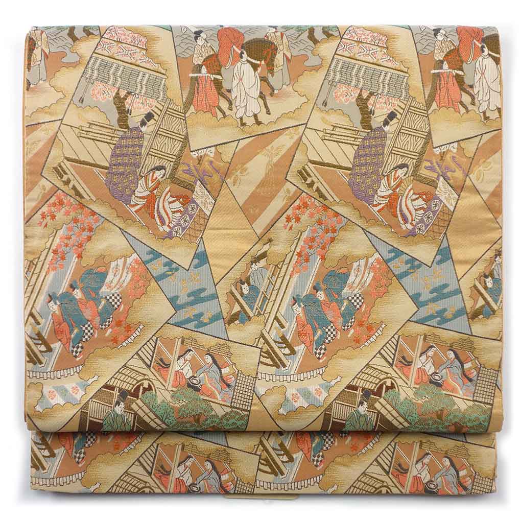 袋帯 リサイクル帯 幅30.5cm 長さ433cm レディース 宮中柄 秋冬春用 正絹（シルク）ブラウン 美品 リメイク リユース【ランクA】