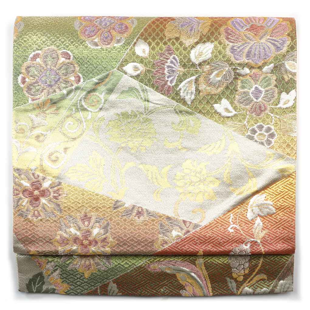 袋帯 リサイクル帯 幅31cm 長さ435cm レディース 花柄 秋冬春用 正絹（シルク）ゴールド 美品 リメイク リユース【ランクA】