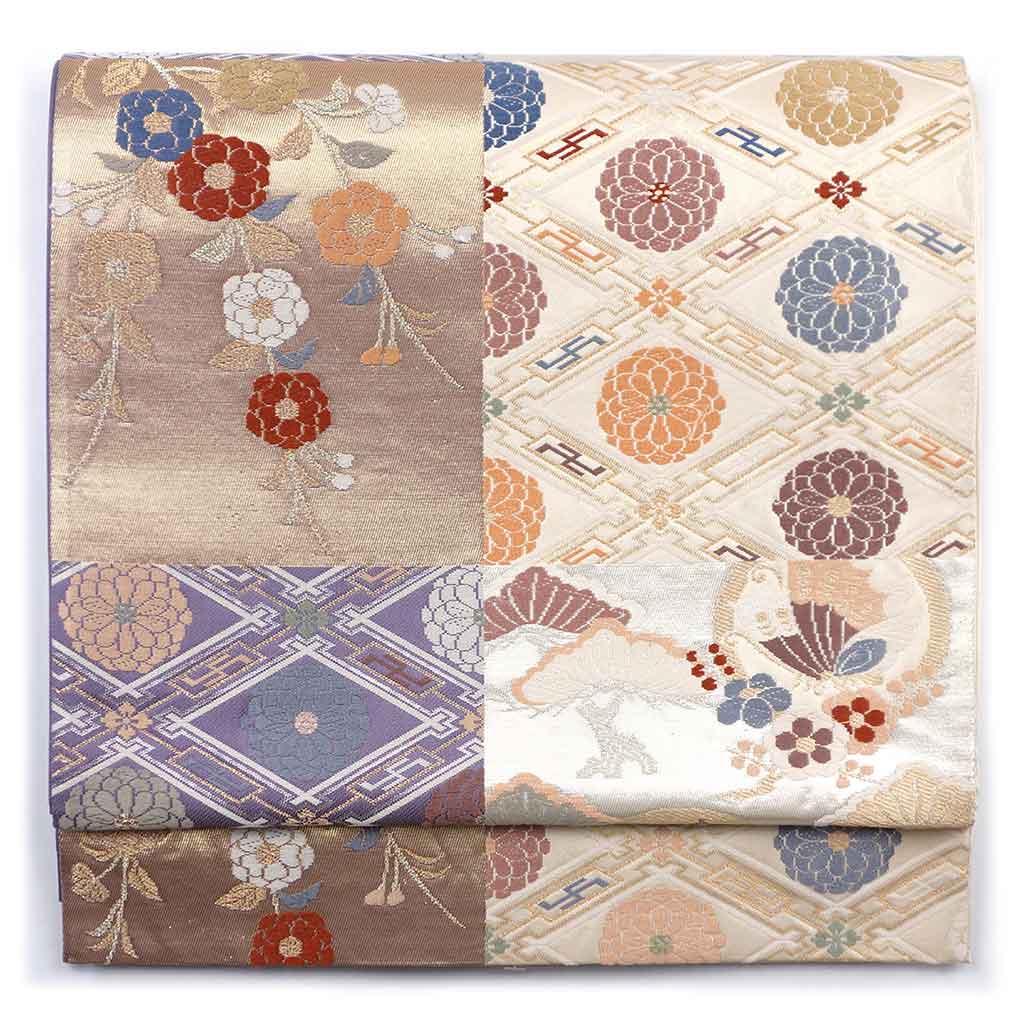 袋帯 リサイクル帯 幅31cm 長さ441cm レディース 花柄 秋冬春用 正絹（シルク）ゴールド 美品 リメイク リユース【ランクA】