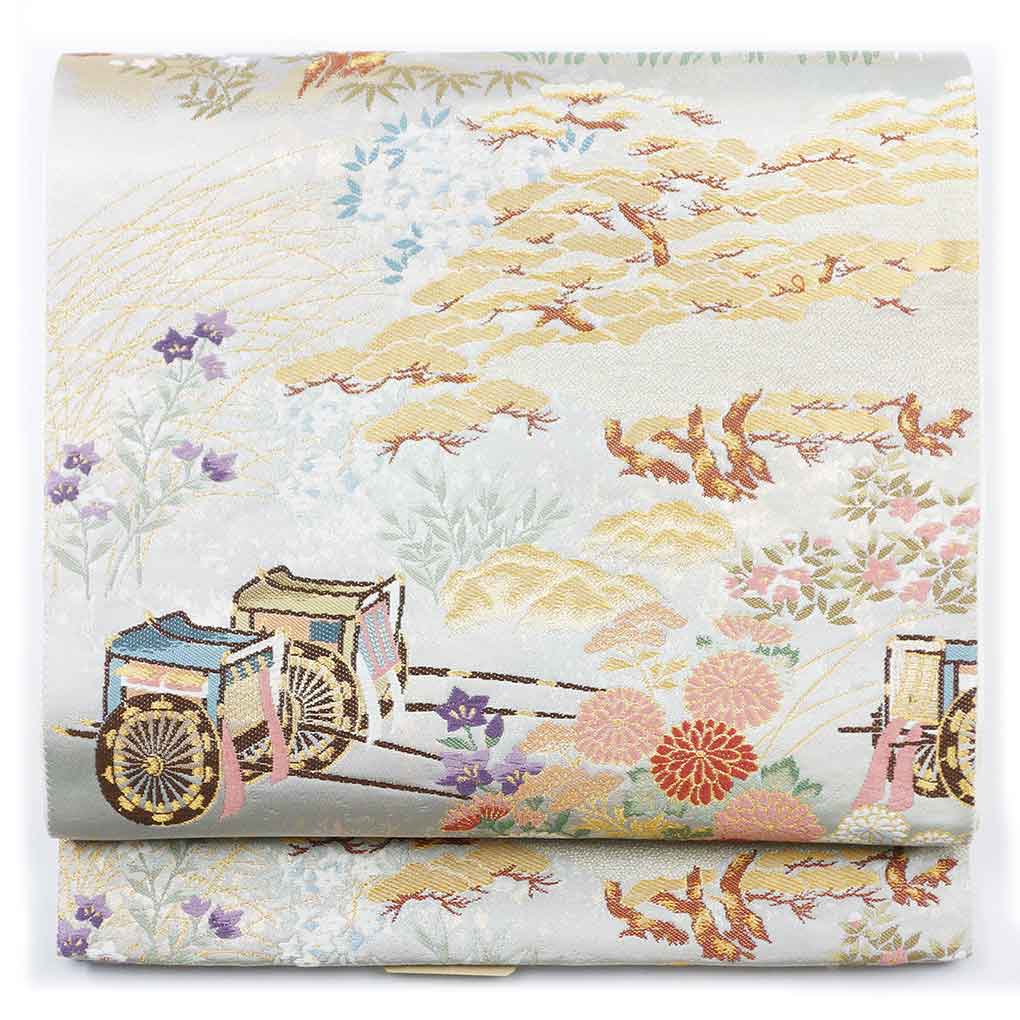 袋帯 リサイクル帯 幅31cm 長さ439cm レディース 御所車 秋冬春用 正絹（シルク）グレー 美品 リメイク リユース【ランクA】