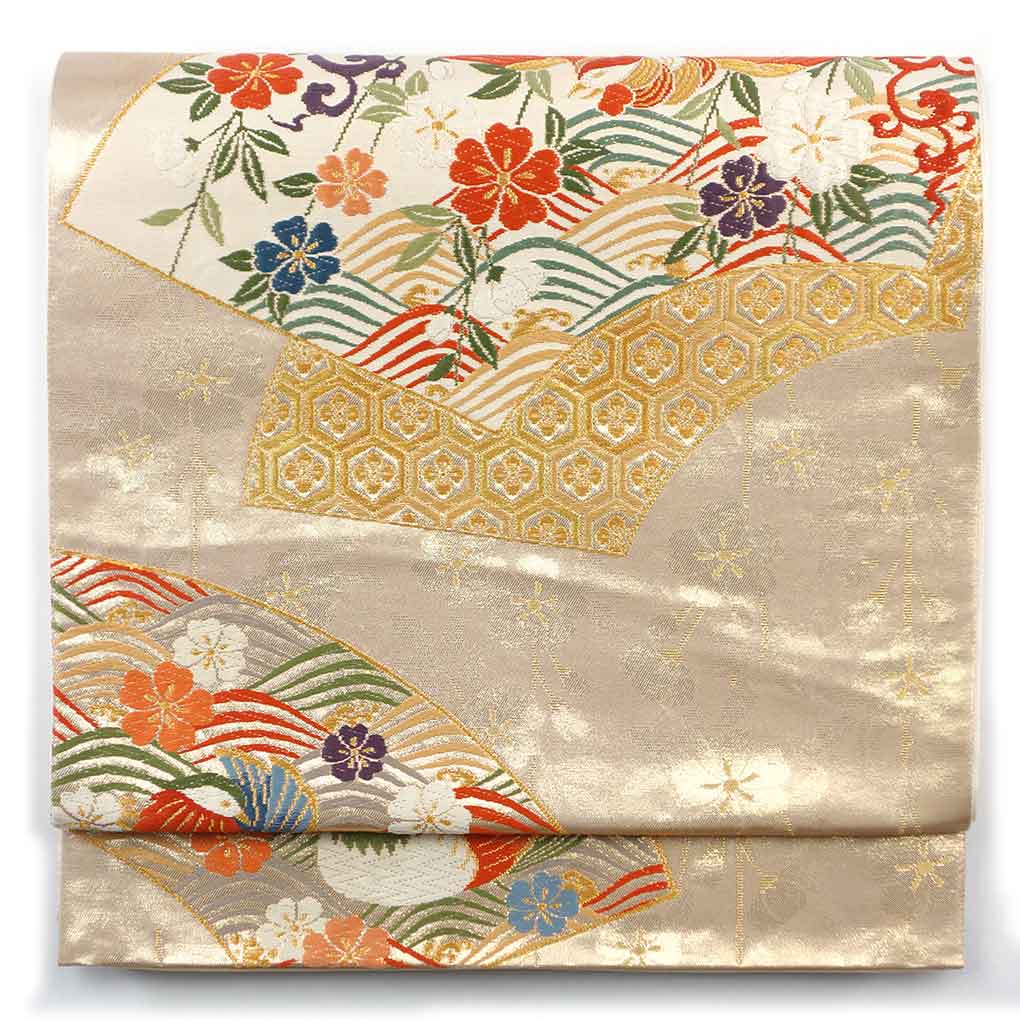 袋帯 リサイクル帯 幅31cm 長さ437cm レディース 扇面 秋冬春用 正絹（シルク）ゴールド やや難 リメイク リユース【ランクB】