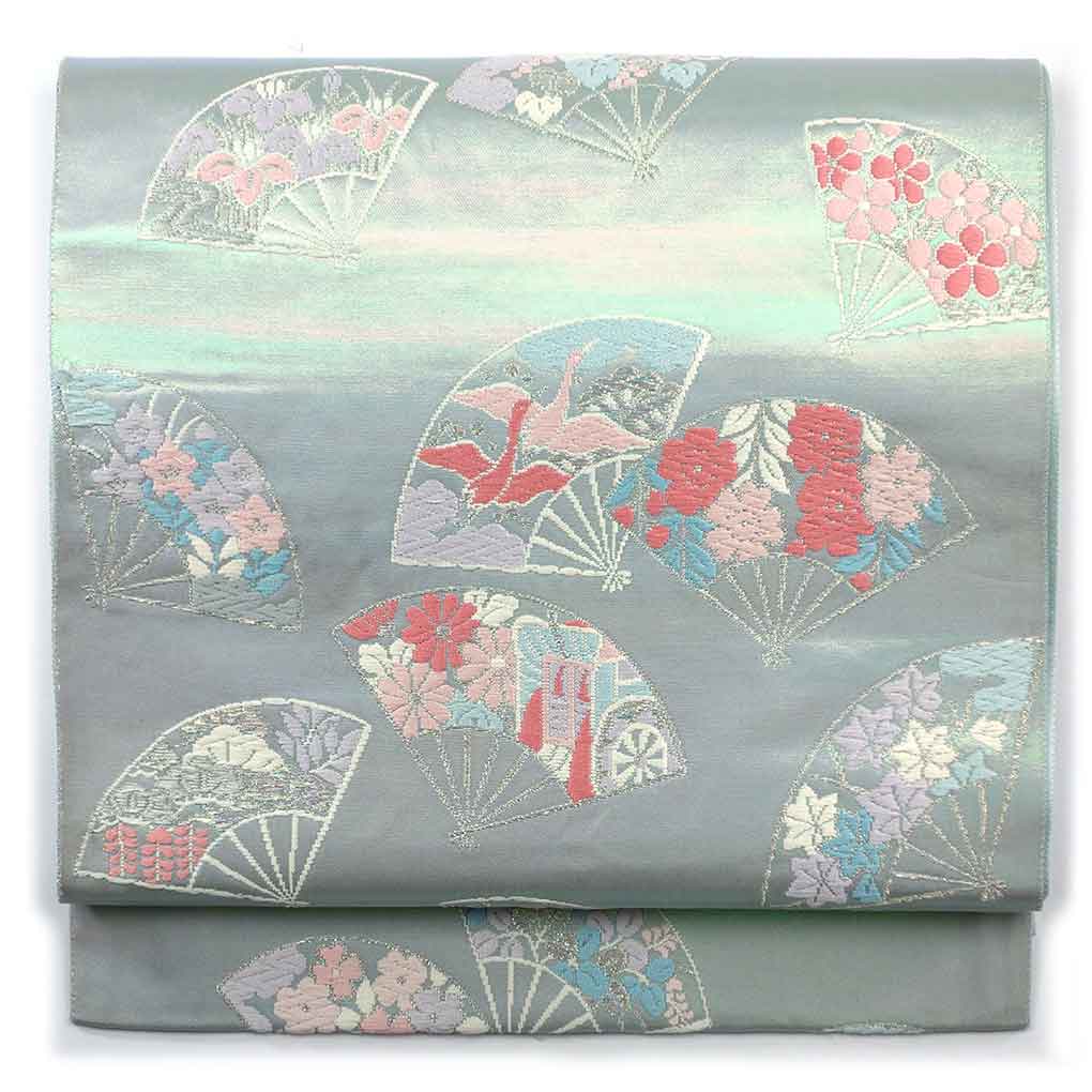 袋帯 リサイクル帯 幅31cm 長さ425cm レディース 扇面 秋冬春用 正絹（シルク）グレー やや難 リメイク リユース【ランクB】