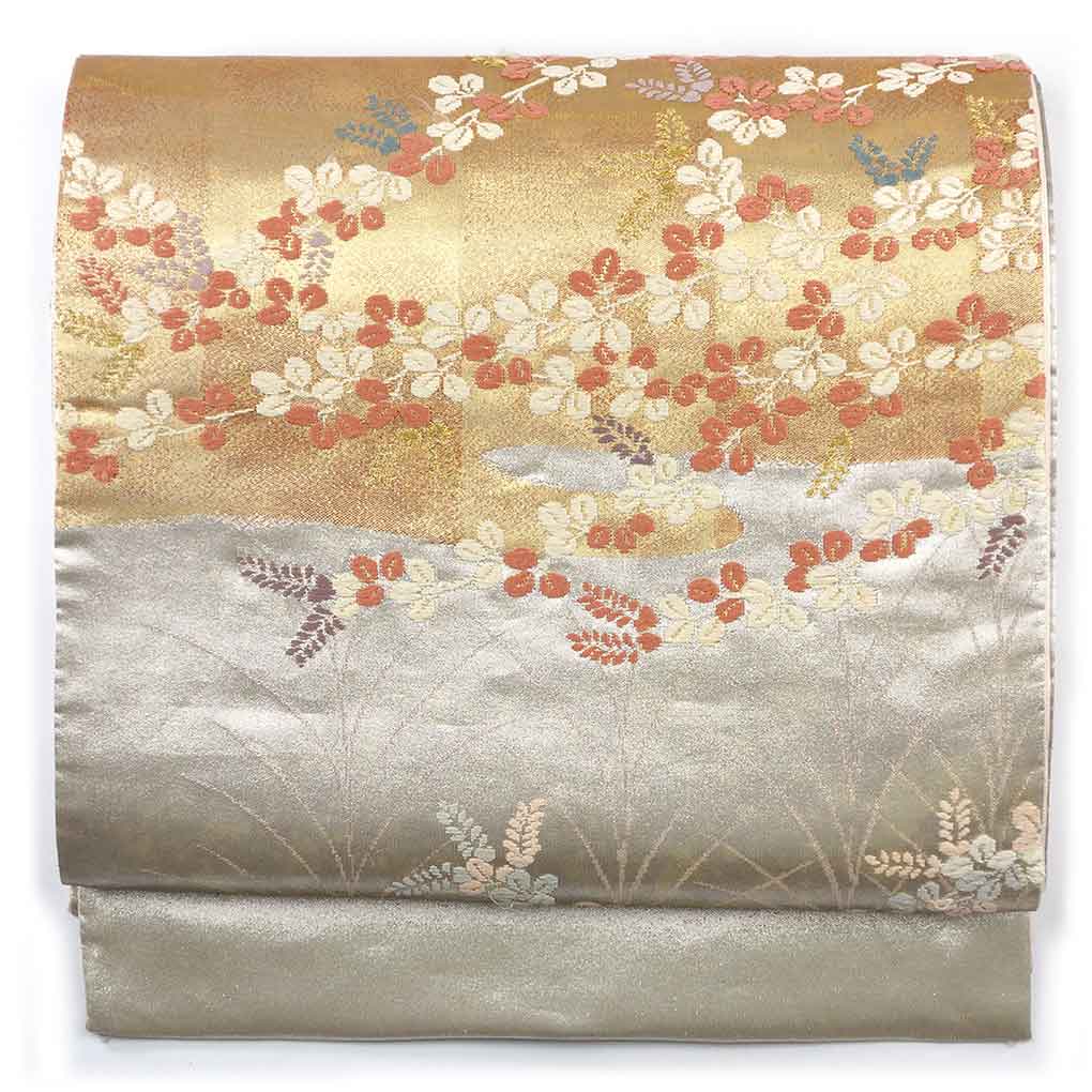 袋帯 リサイクル帯 幅30cm 長さ453cm レディース 萩柄 秋冬春用 正絹（シルク）ゴールド 美品 リメイク リユース【ランクA】