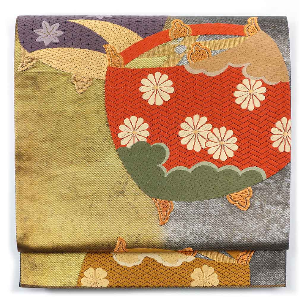 袋帯 リサイクル帯 幅31cm 長さ435cm レディース 糸巻き 秋冬春用 正絹（シルク）ゴールド 未使用品 リメイク リユース【ランクS】