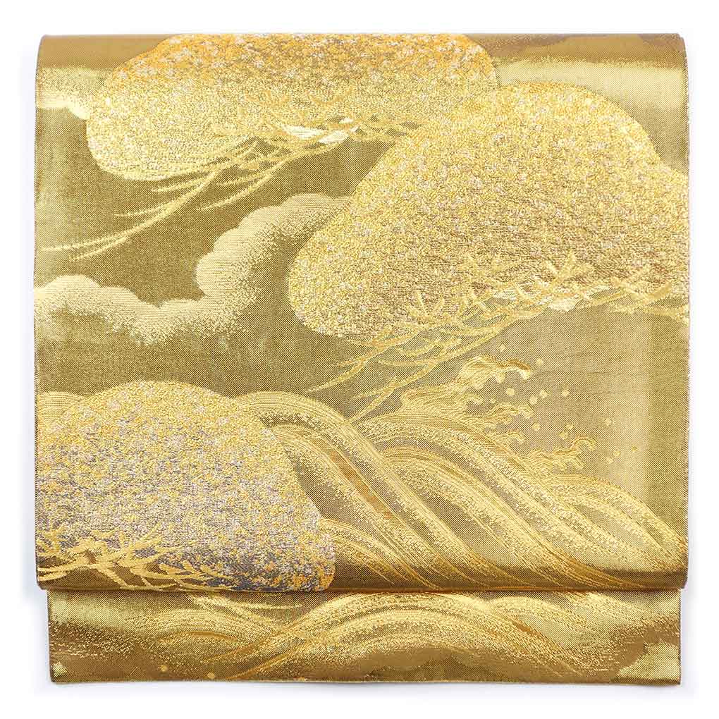 袋帯 リサイクル帯 幅30.5cm 長さ438cm レディース 松 秋冬春用 正絹（シルク）ゴールド 美品 リメイク リユース【ランクA】