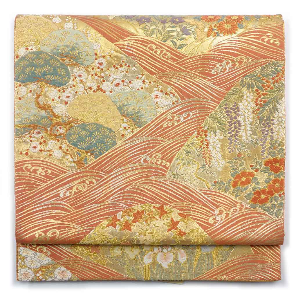 袋帯 リサイクル帯 幅31cm 長さ434cm レディース 花柄 秋冬春用 正絹（シルク）オレンジ 美品 リメイク リユース【ランクA】