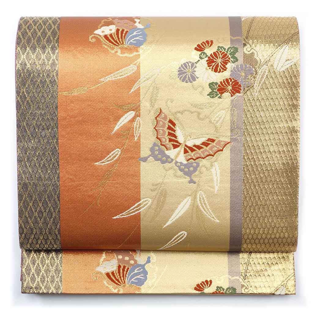 袋帯 リサイクル帯 幅31cm 長さ435cm レディース 蝶柄 秋冬春用 正絹（シルク）ブラウン 美品 リメイク リユース【ランクA】