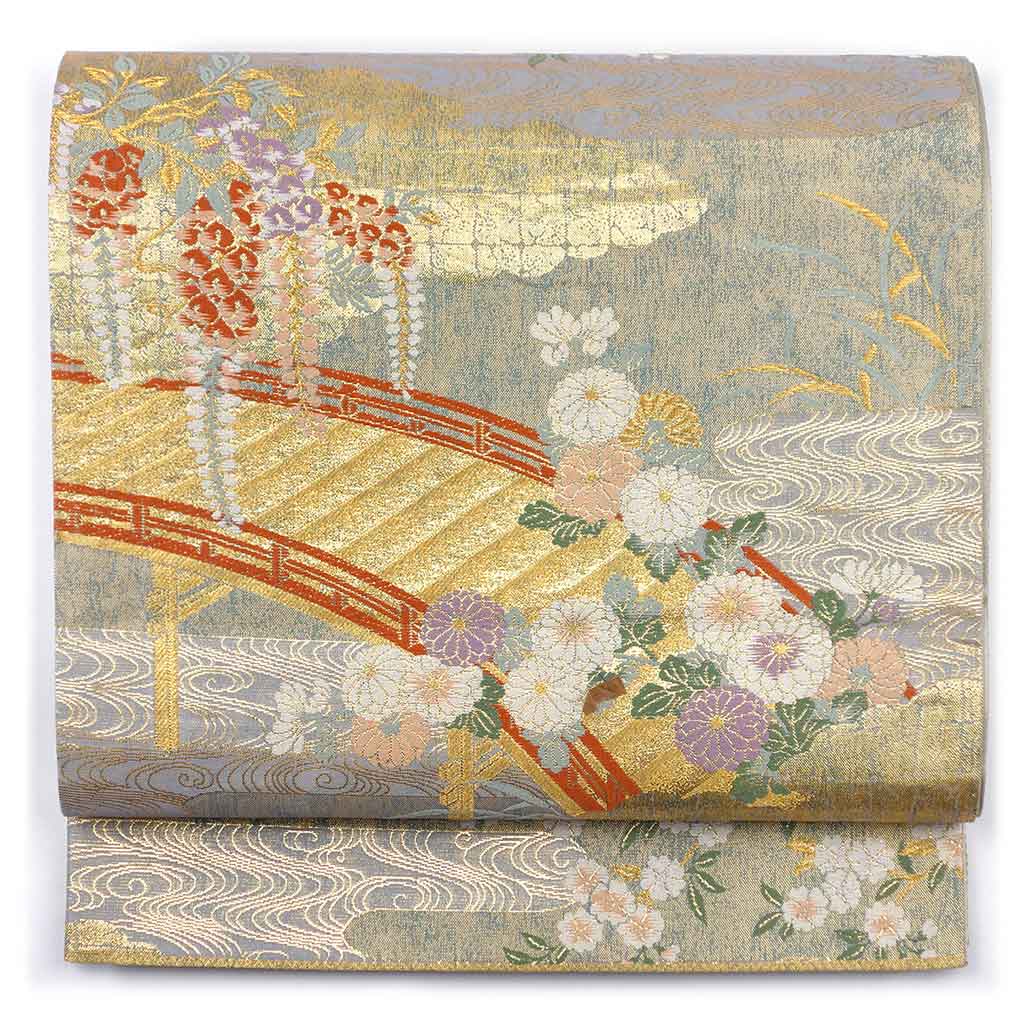 袋帯 リサイクル帯 幅30.5cm 長さ431cm レディース 花柄 秋冬春用 正絹（シルク）ゴールド 美品 リメイク リユース【ランクA】