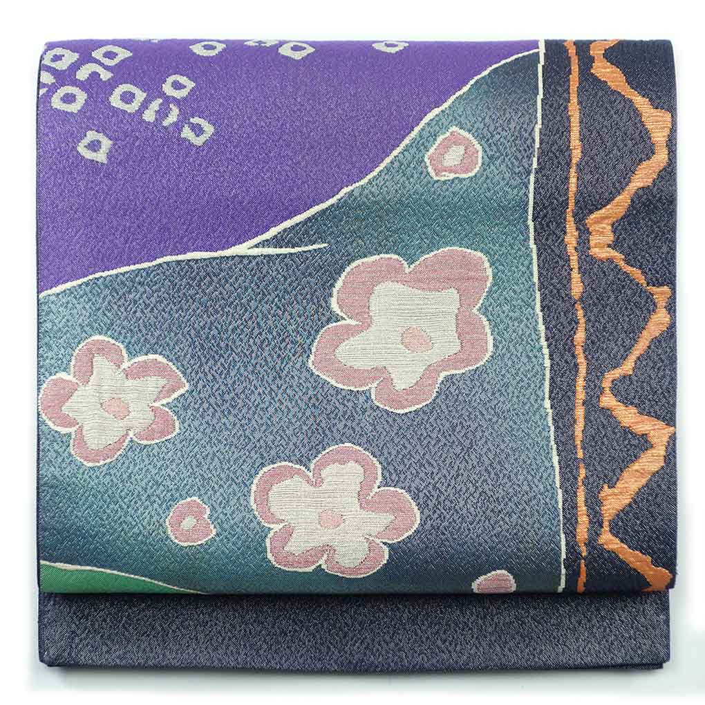 袋帯 リサイクル帯 幅31cm 長さ481cm レディース 花柄 秋冬春用 正絹（シルク）ネイビー 美品 リメイク リユース【ランクA】