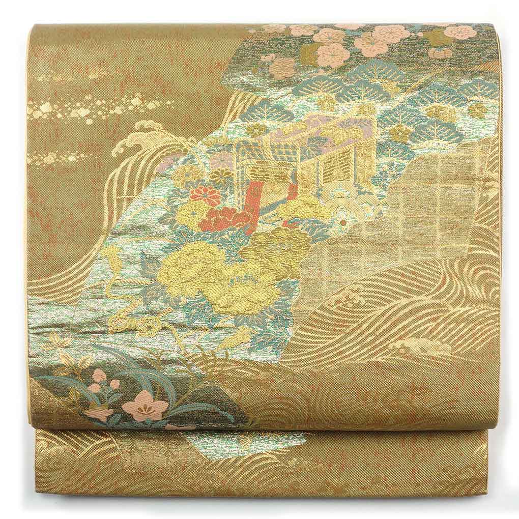 袋帯 リサイクル帯 幅31cm 長さ426cm レディース 扇面 秋冬春用 正絹（シルク）ゴールド 美品 リメイク リユース【ランクA】