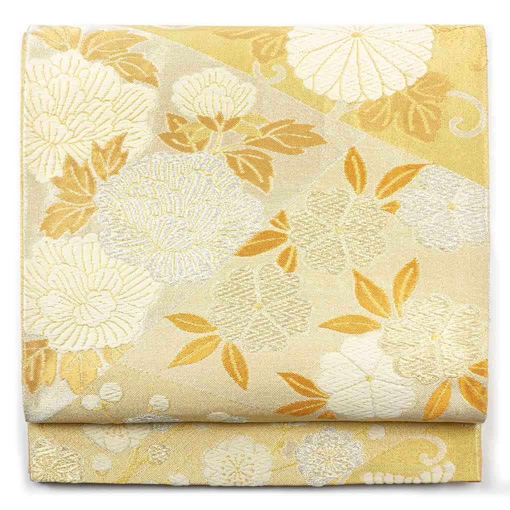 袋帯 リサイクル帯 幅31cm 長さ438cm レディース 花柄 秋冬春用 正絹（シルク）ゴールド 美品 リメイク リユース【ランクA】