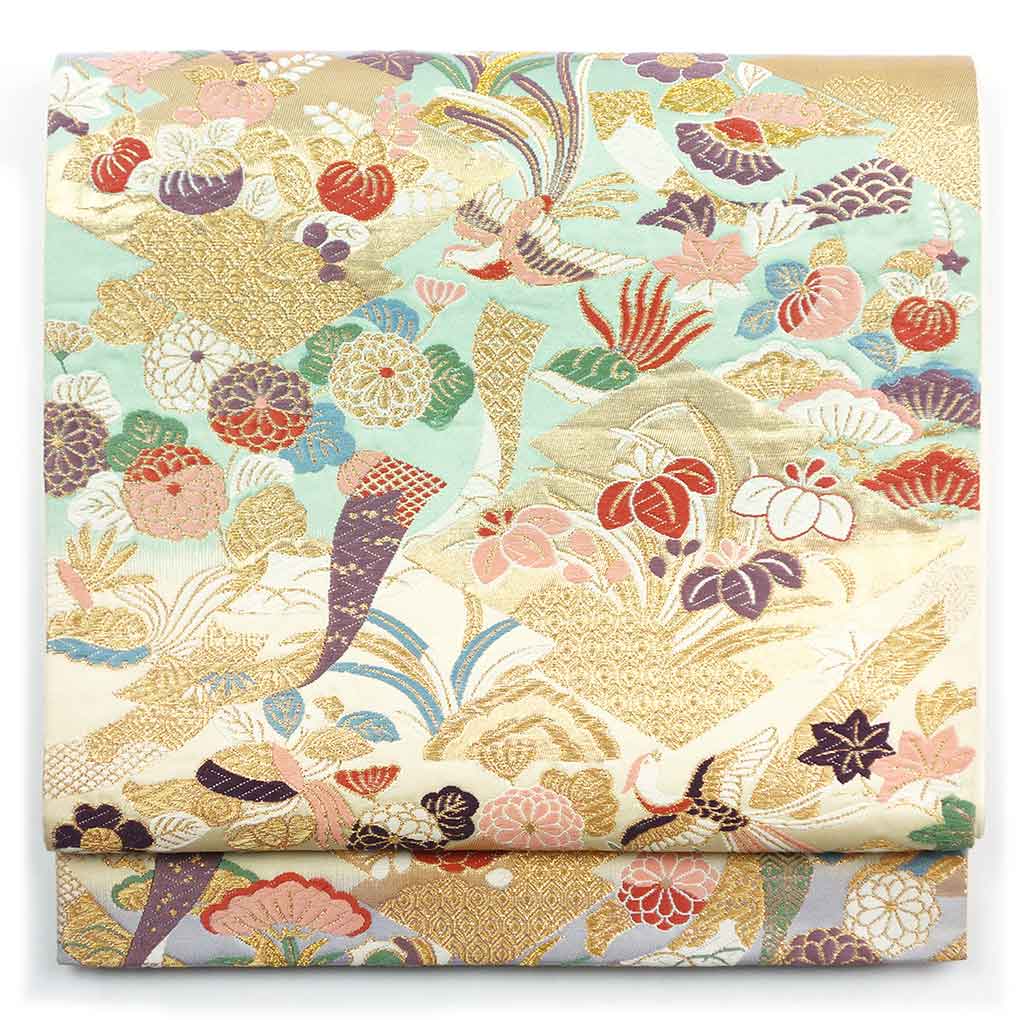 袋帯 リサイクル帯 幅31cm 長さ430cm レディース 花柄 秋冬春用 正絹（シルク）ゴールド やや難 リメイク リユース【ランクB】