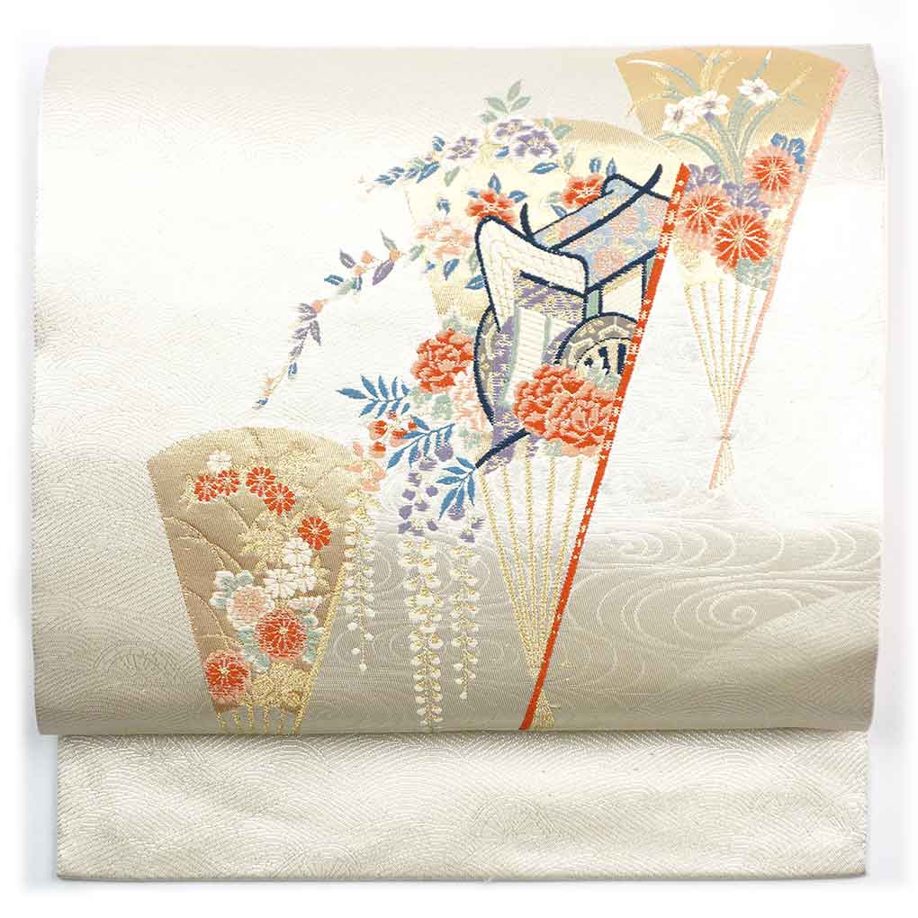 名古屋帯 リサイクル帯 幅30cm 長さ350cm レディース 扇面 秋冬春用 正絹（シルク）シルバー 未使用品 リメイク リユース【ランクS】