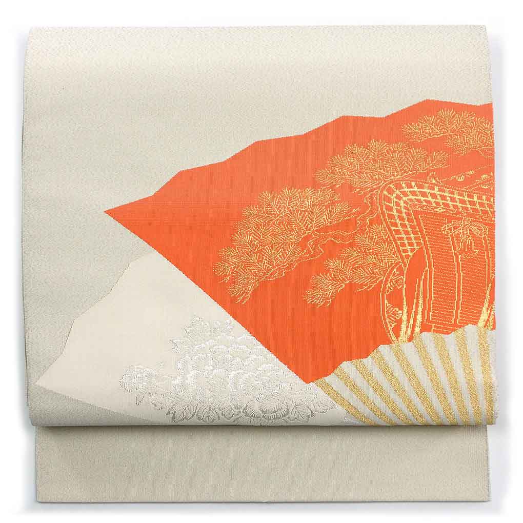 名古屋帯 リサイクル帯 幅31cm 長さ377cm レディース 扇面 秋冬春用 正絹（シルク）グレー 未使用品 綴織 リメイク リユース【ランクS】