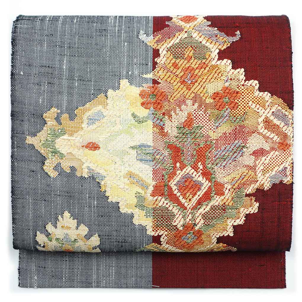 名古屋帯 リサイクル帯 幅29cm 長さ370cm レディース 抽象柄 秋冬春用 正絹（シルク）グレー 美品 リメイク リユース【ランクA】