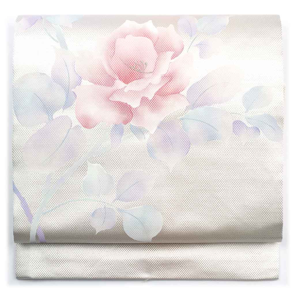 名古屋帯 リサイクル帯 幅30cm 長さ354cm レディース 花柄 秋冬春用 正絹（シルク）シルバー 美品 リメイク リユース【ランクA】