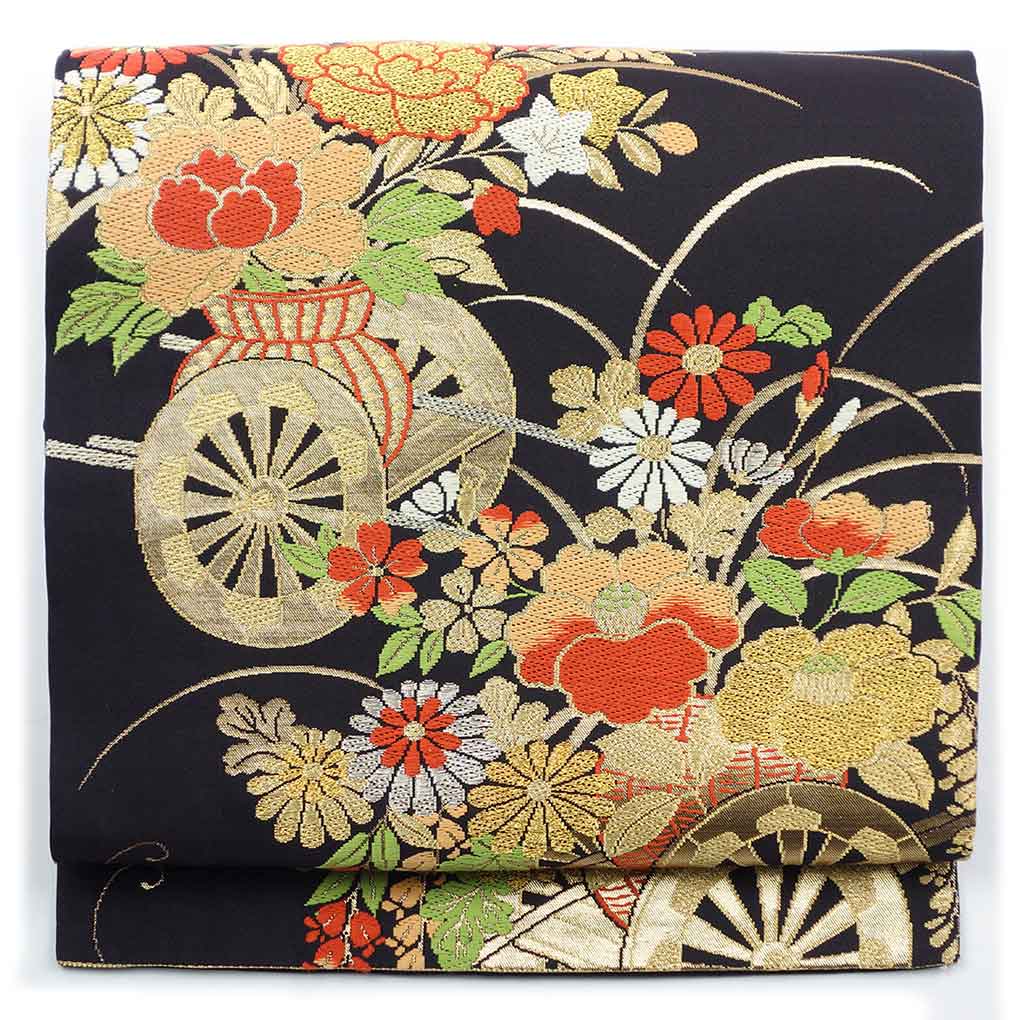 名古屋帯 リサイクル帯 幅30.5cm 長さ361cm レディース 花車 秋冬春用 正絹（シルク）ブラック 美品 リメイク リユース【ランクA】
