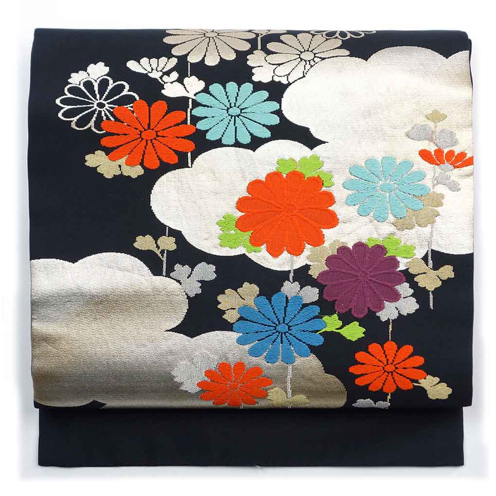 名古屋帯 リサイクル帯 幅30cm 長さ357cm レディース 花柄 秋冬春用 正絹（シルク）ブラック 美品 リメイク リユース【ランクA】