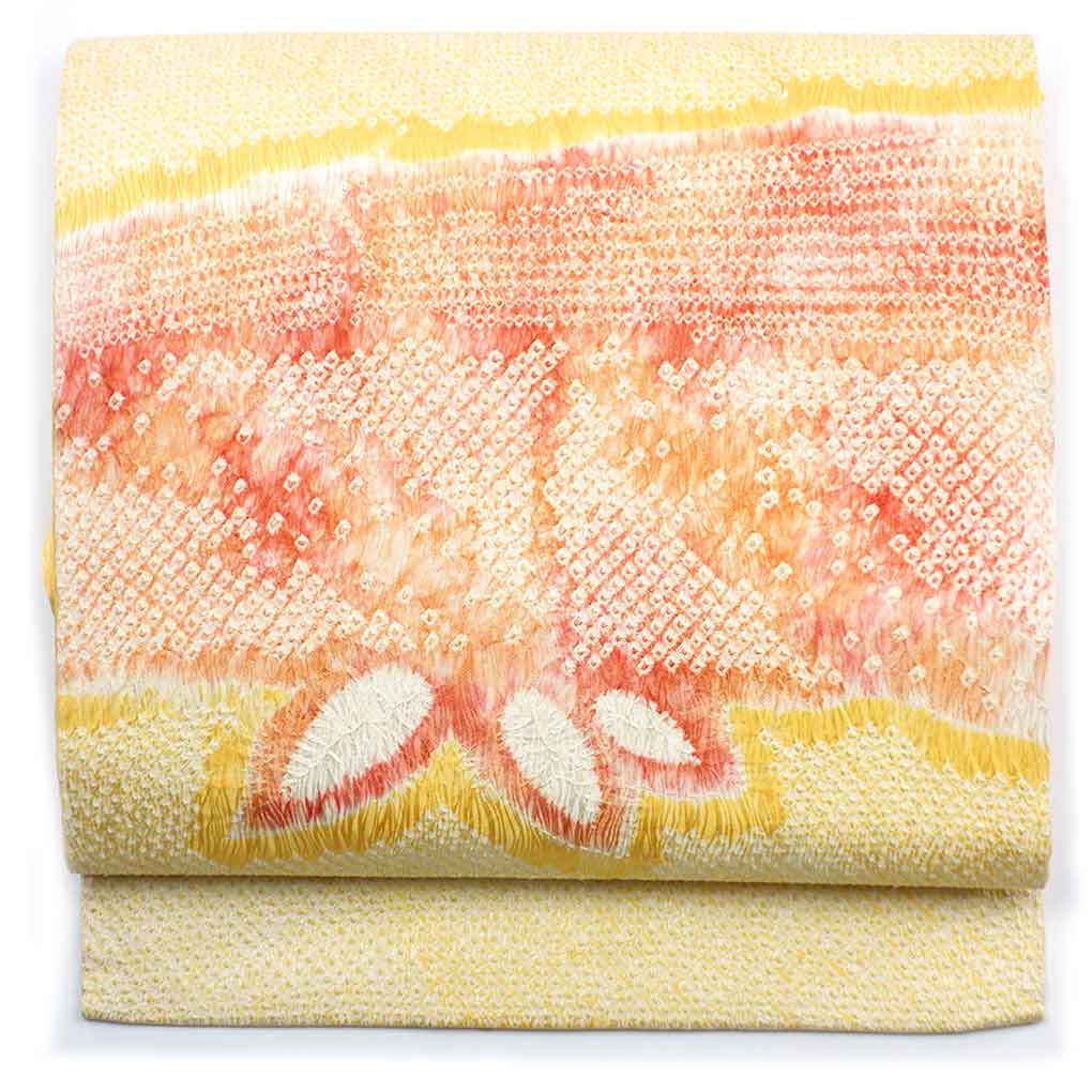 名古屋帯 リサイクル帯 幅30.5cm 長さ353cm レディース 絞り 秋冬春用 正絹（シルク）イエロー やや難 リメイク リユース【ランクB】