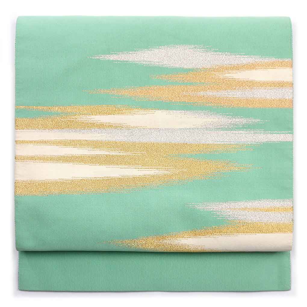 名古屋帯 リサイクル帯 幅30.5cm 長さ360cm レディース 横段柄 秋冬春用 正絹（シルク）グリーン 難有り 綴織 リメイク リユース【ランクC】