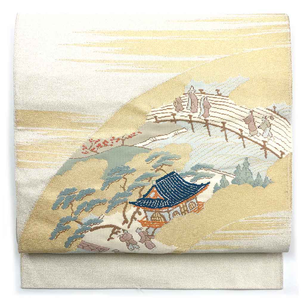 名古屋帯 リサイクル帯 幅30cm 長さ357cm レディース 風景画 秋冬春用 正絹（シルク）シルバー やや難 綴織 リメイク リユース【ランクB】