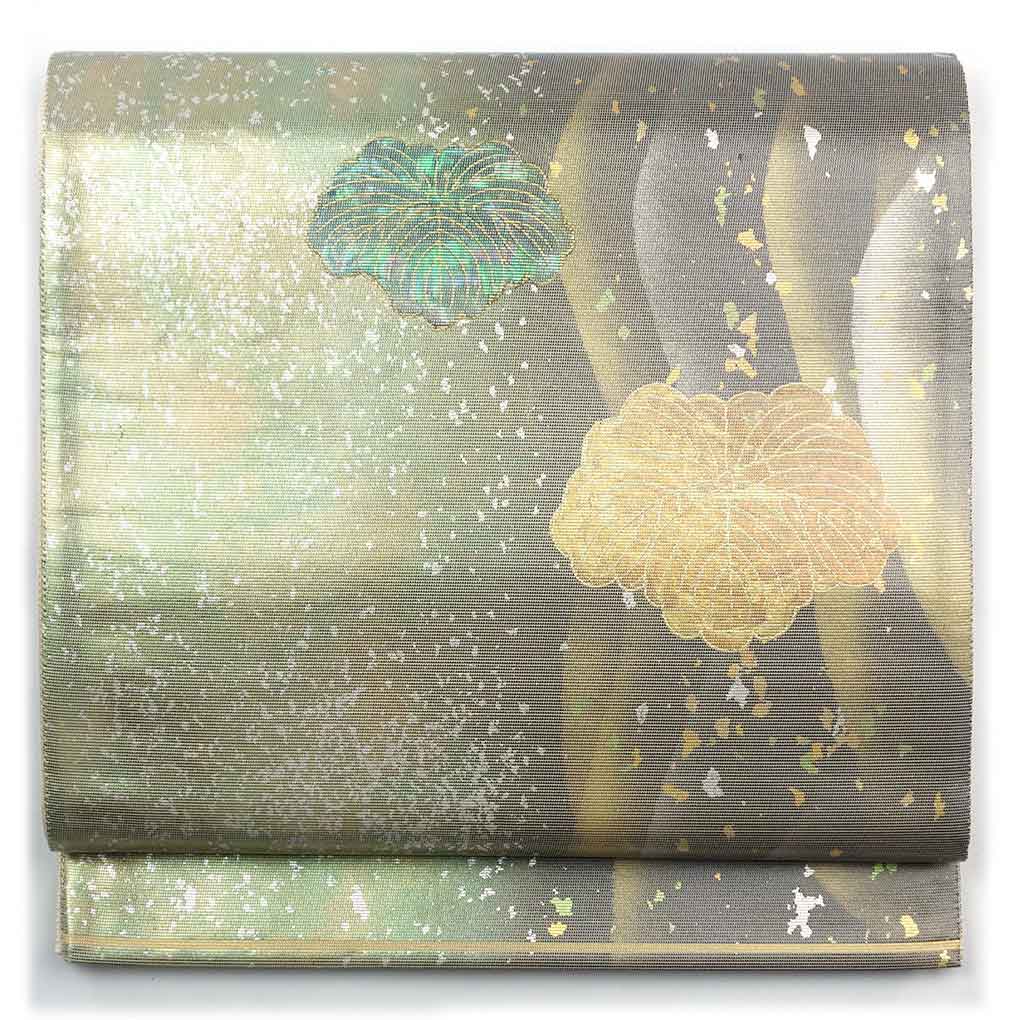 袋帯 リサイクル帯 幅31cm 長さ456cm レディース 蔦柄 秋冬春用 正絹（シルク）シルバー 未使用品 リメイク リユース【ランクS】