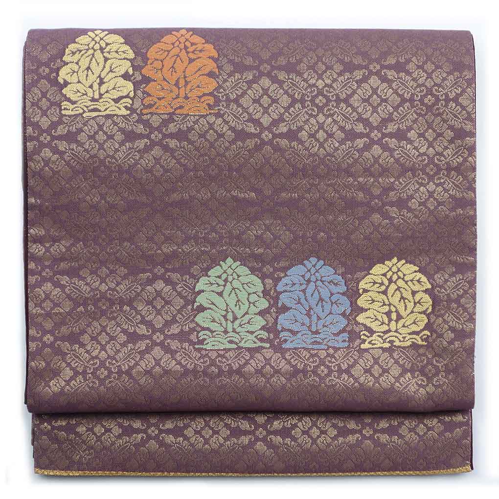 袋帯 リサイクル帯 幅30.5cm 長さ442cm レディース 花柄 秋冬春用 正絹（シルク）パープル 美品 リメイク リユース【ランクA】