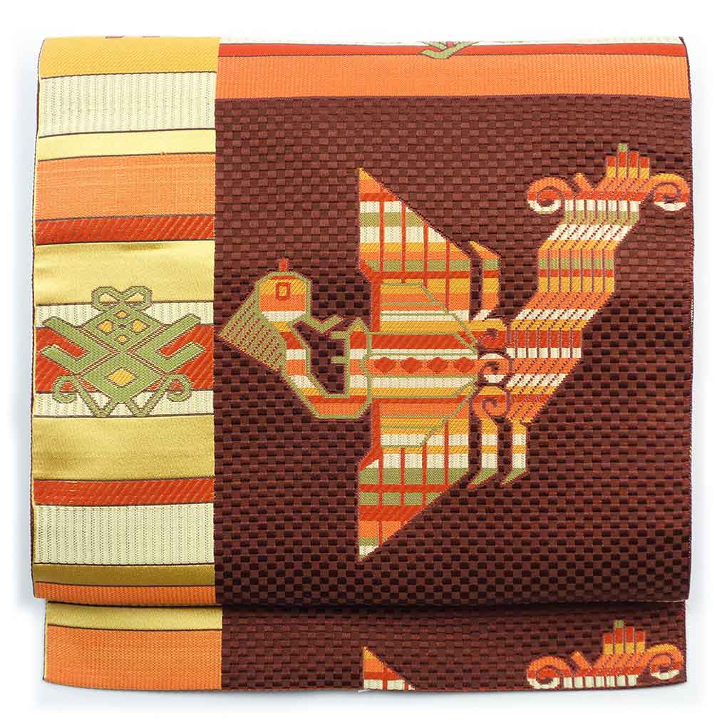 名古屋帯 リサイクル帯 幅30cm 長さ361cm レディース 鳥柄 秋冬春用 正絹（シルク）ブラウン 美品 リメイク リユース【ランクA】