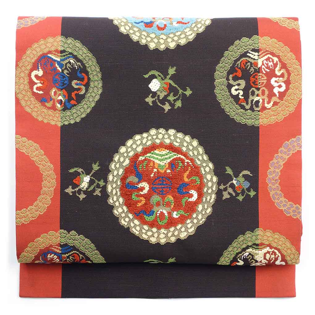 名古屋帯 リサイクル帯 幅31.5cm 長さ374cm レディース 抽象柄 秋冬春用 正絹（シルク）ブラウン 美品 リメイク リユース【ランクA】