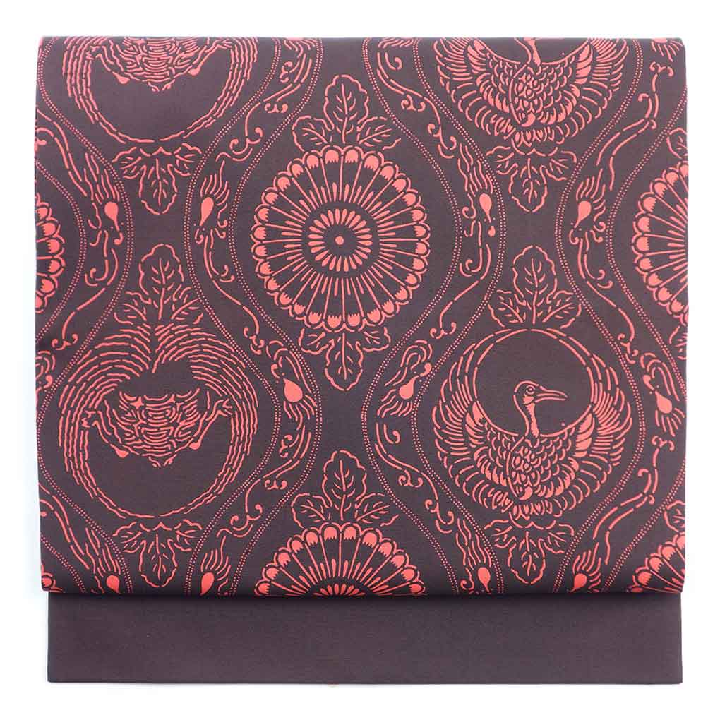 名古屋帯 リサイクル帯 幅30cm 長さ347cm レディース 鶴 秋冬春用 正絹（シルク）ブラック 美品 塩瀬 リメイク リユース【ランクA】