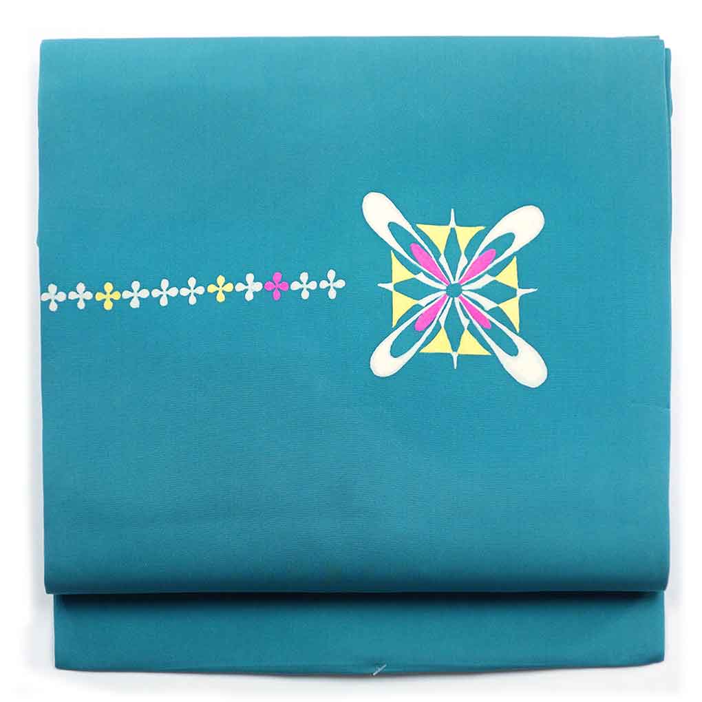 名古屋帯 リサイクル帯 幅31cm 長さ370cm レディース 抽象柄 秋冬春用 正絹（シルク）グリーン 美品 塩瀬 リメイク リユース【ランクA】