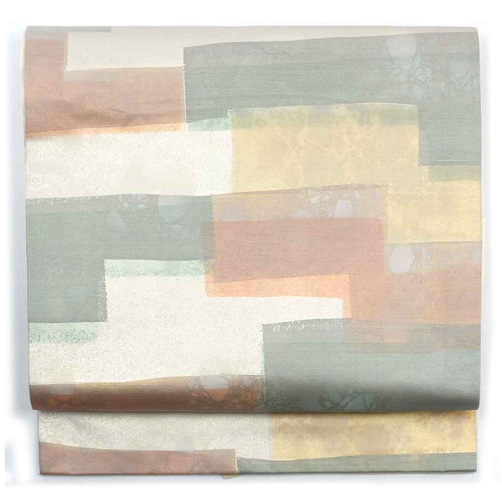 名古屋帯 リサイクル帯 幅30cm 長さ359cm レディース 抽象柄 秋冬春用 正絹（シルク）シルバー やや難 リメイク リユース【ランクB】