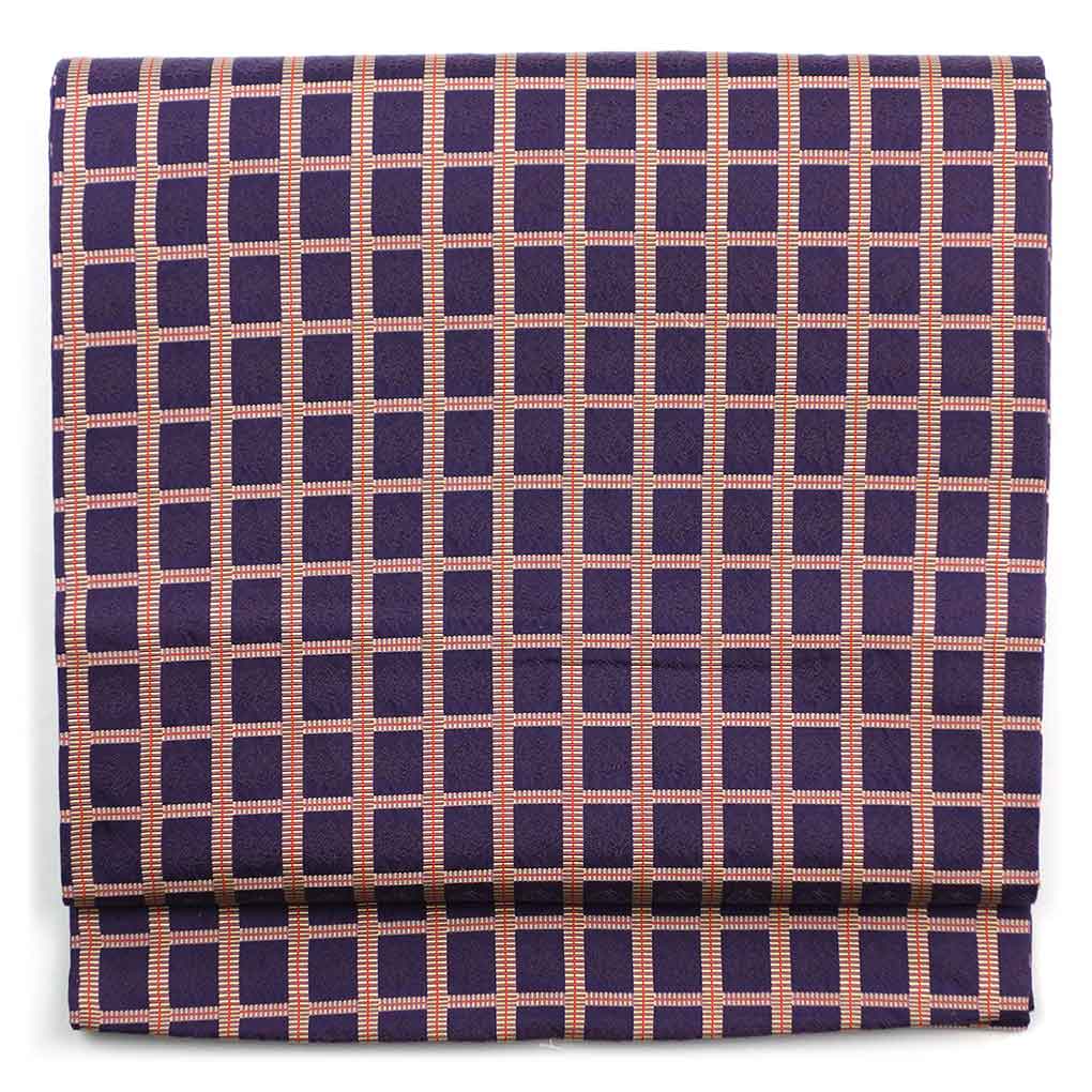 名古屋帯 リサイクル帯 幅30cm 長さ363cm レディース 格子 秋冬春用 正絹（シルク）パープル 美品 リメイク リユース【ランクA】