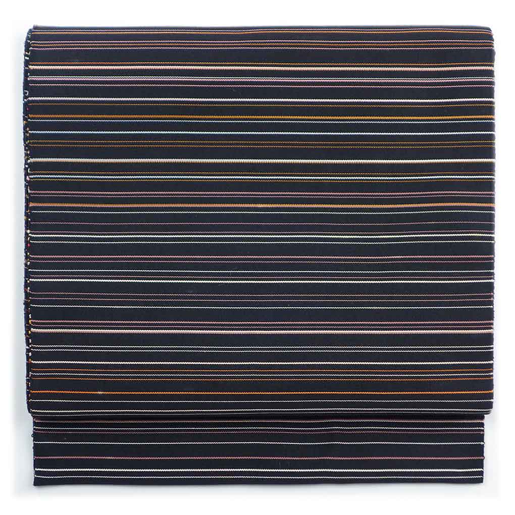 名古屋帯 リサイクル帯 幅30cm 長さ367cm レディース 縞 秋冬春用 正絹（シルク）ブラック やや難 リメイク リユース【ランクB】