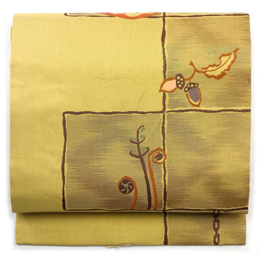 名古屋帯 リサイクル帯 幅30cm 長さ360cm レディース 野菜柄 秋冬春用 正絹（シルク）イエロー やや難 リメイク リユース【ランクB】