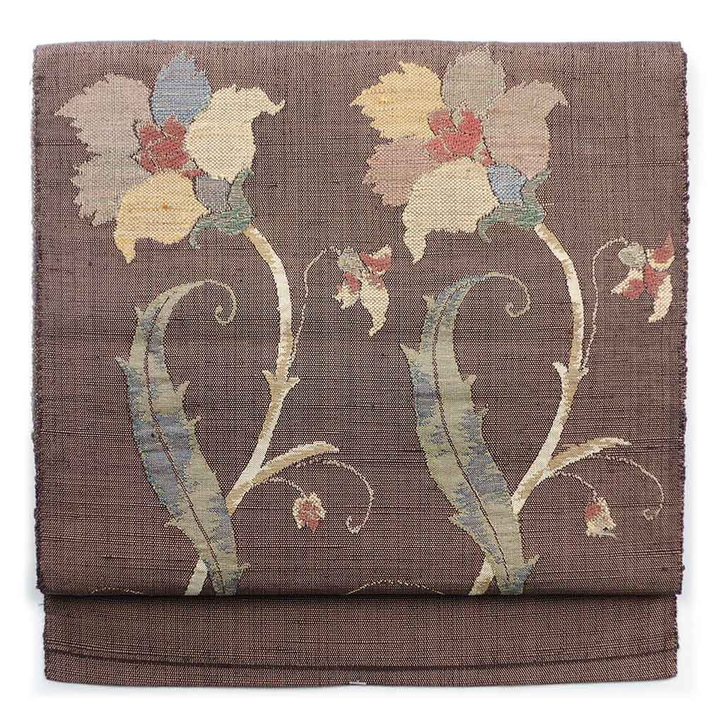 名古屋帯 リサイクル帯 幅31cm 長さ345cm レディース 花柄 秋冬春用 正絹（シルク）ブラウン 美品 リメイク リユース【ランクA】