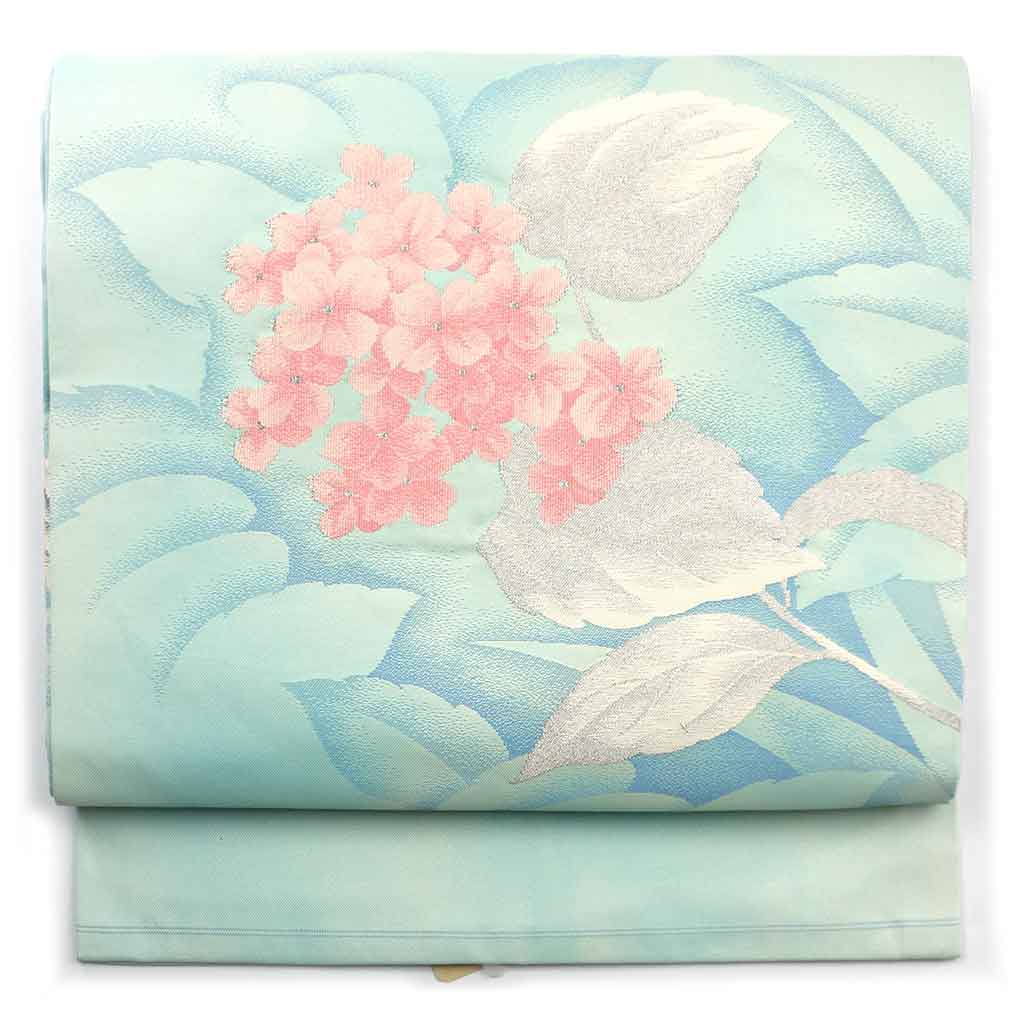 名古屋帯 リサイクル帯 幅31cm 長さ358cm レディース 花柄 秋冬春用 正絹（シルク）ブルー やや難 リメイク リユース【ランクB】