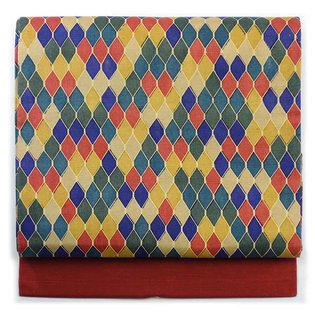 名古屋帯 リサイクル帯 幅31cm 長さ367cm レディース 連続模様 秋冬春用 正絹（シルク）マルチカラー 美品 リメイク リユース【ランクA】