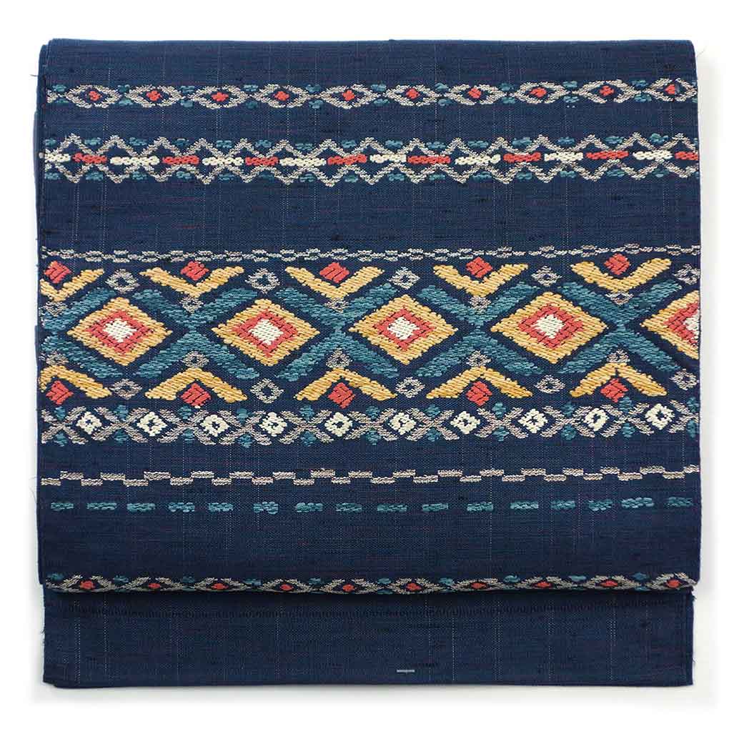 名古屋帯 リサイクル帯 幅28cm 長さ350cm レディース 横段柄 秋冬春用 正絹（シルク）ネイビー 美品 リメイク リユース【ランクA】