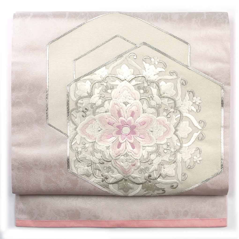 名古屋帯 リサイクル帯 幅31cm 長さ363cm レディース 亀甲 秋冬春用 正絹（シルク）シルバー 美品 リメイク リユース【ランクA】