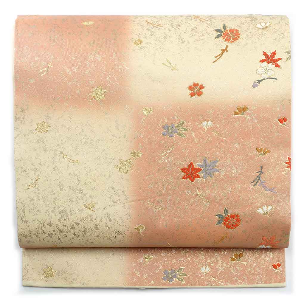 名古屋帯 リサイクル帯 幅30.5cm 長さ359cm レディース 花柄 秋冬春用 正絹（シルク）ベージュ 未使用品 リメイク リユース【ランクS】