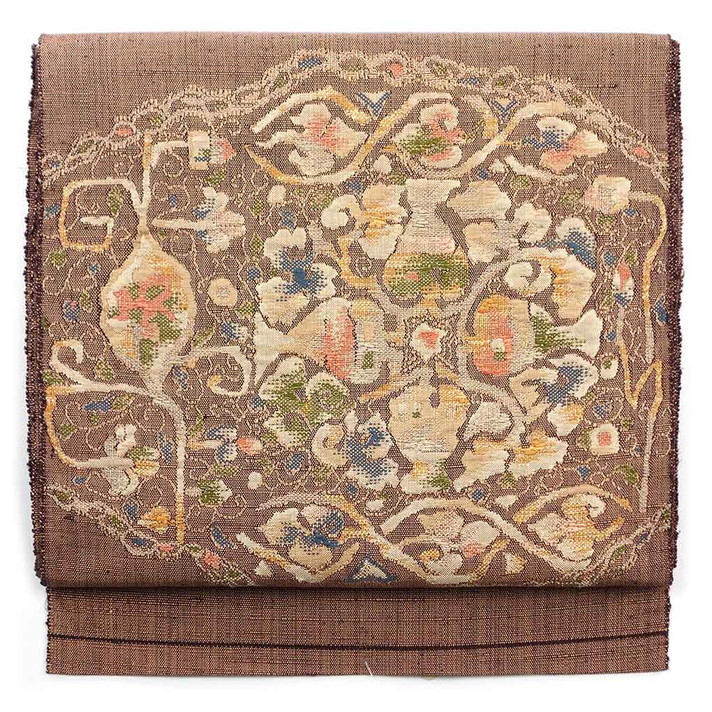 名古屋帯 リサイクル帯 幅31cm 長さ353cm レディース 花柄 秋冬春用 正絹（シルク）ブラウン 美品 リメイク リユース【ランクA】