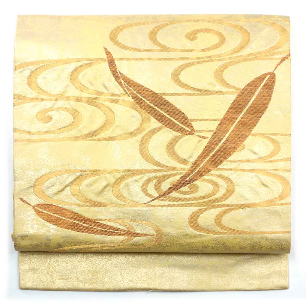 名古屋帯 リサイクル帯 幅30cm 長さ355cm レディース 流水 秋冬春用 正絹（シルク）イエロー 美品 リメイク リユース【ランクA】