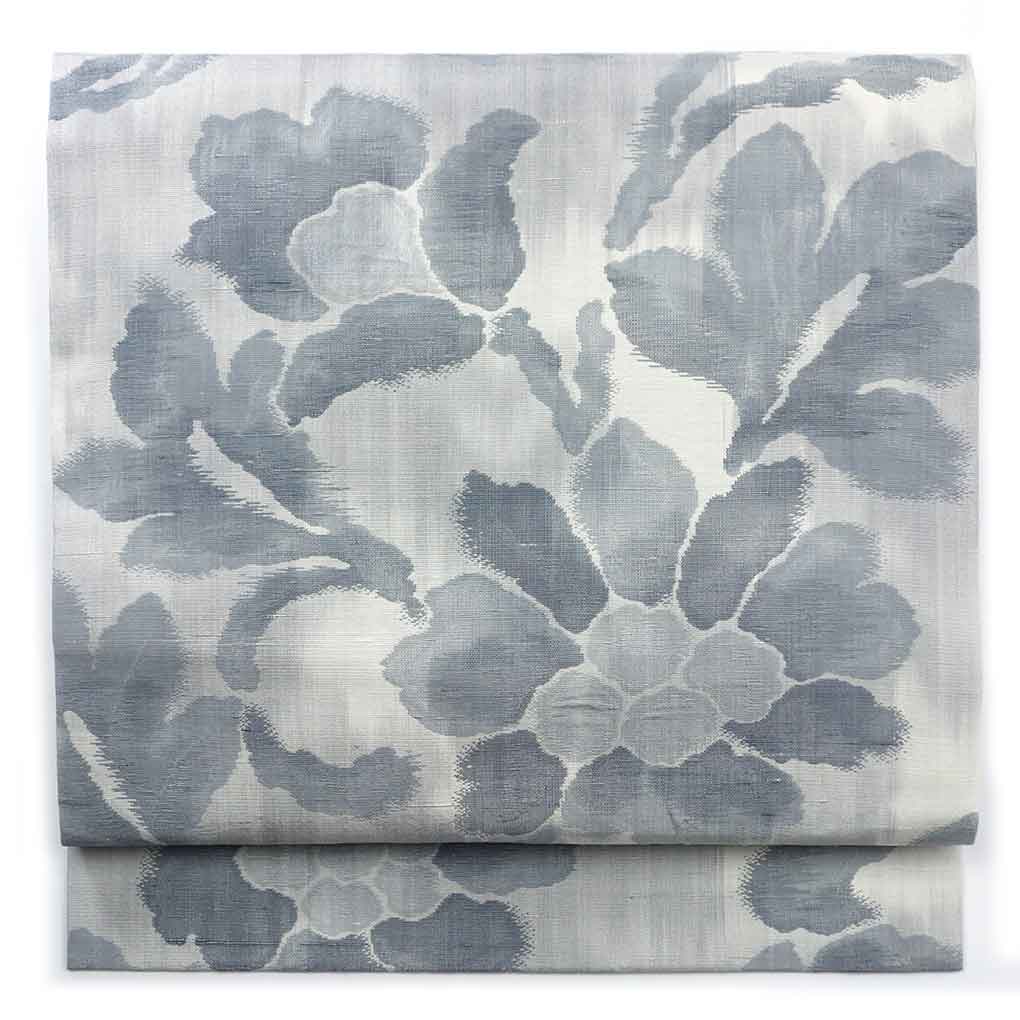 名古屋帯 リサイクル帯 幅30cm 長さ347cm レディース 花柄 秋冬春用 正絹（シルク）グレー 美品 リメイク リユース【ランクA】