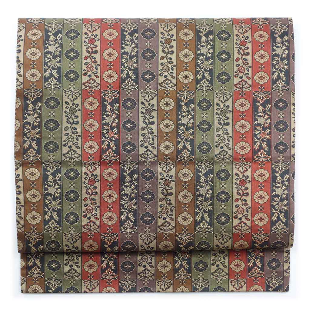 名古屋帯 リサイクル帯 幅31cm 長さ353cm レディース 花柄 秋冬春用 正絹（シルク）ブラウン 美品 リメイク リユース【ランクA】