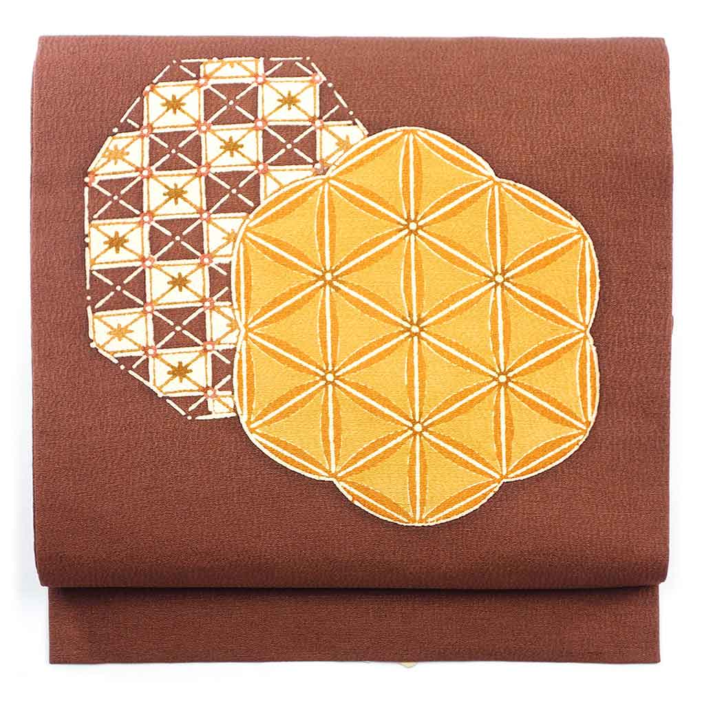 名古屋帯 リサイクル帯 幅30cm 長さ364cm レディース 抽象柄 秋冬春用 正絹（シルク）ブラウン 美品 リメイク リユース【ランクA】