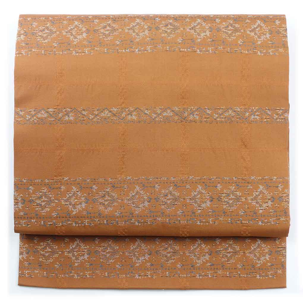 名古屋帯 リサイクル帯 幅30cm 長さ354cm レディース 横段柄 秋冬春用 正絹（シルク）ブラウン 美品 リメイク リユース【ランクA】